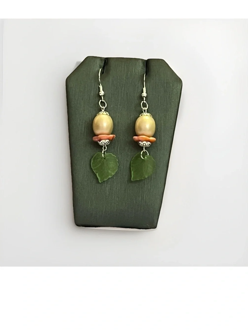 Handcrafted Green Glass Leaf Drop Earrings Floral Bead Dangle Silver Fall Vibe